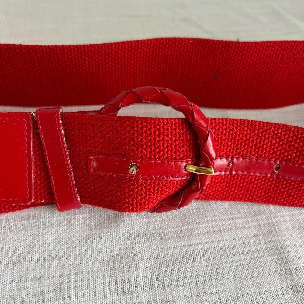 Vintage Red Woven Canvas Belt Braided Leather Buckle 70s‎ 80s